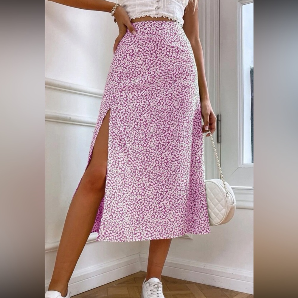 Pink floral midi skirt